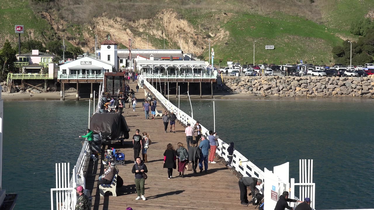 Pedestrians spread across a wooden pier with water and low buildings behind them.
