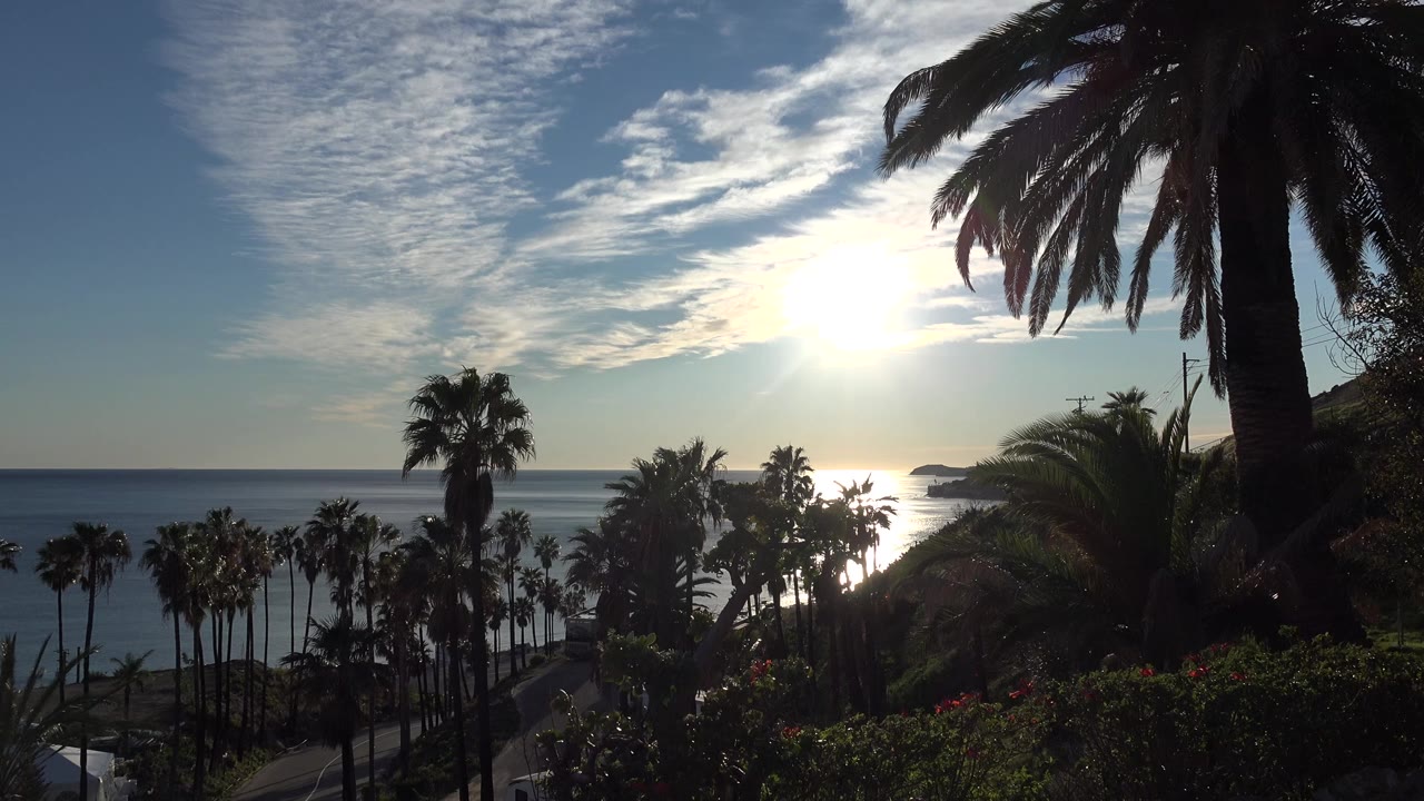 A Malibu coastal overlook shows the sun reflecting on the ocean, palm trees in silhouette, and no visible people at 0:01.