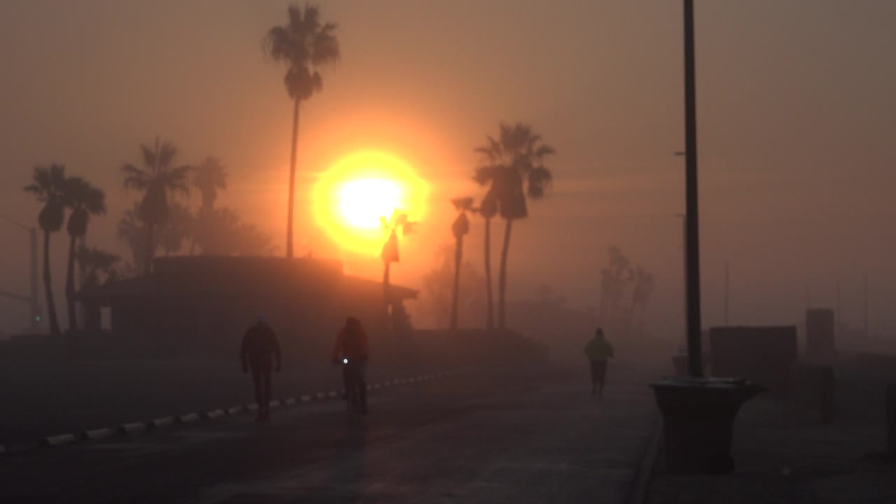 The sun remains low and bright behind haze in Huntington Beach, California, with palm trunks framing small dark figures on the path below.