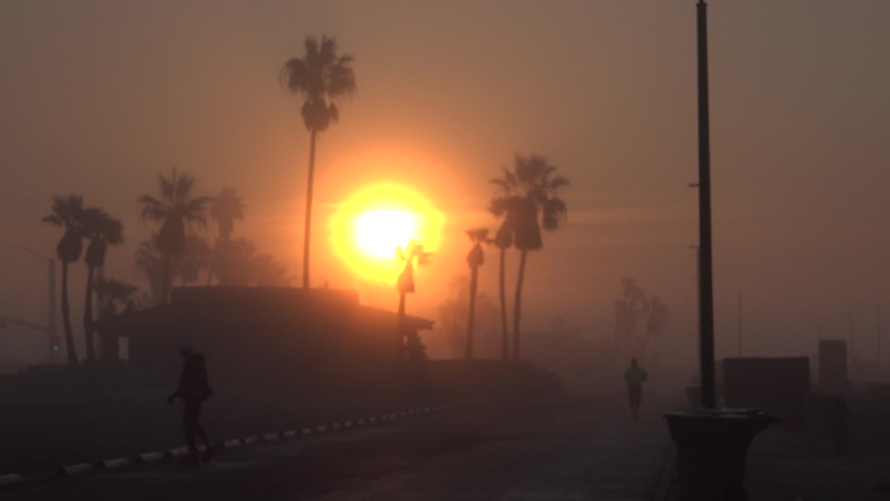 Huntington Beach sunset frame with the sun still near the horizon, palms in silhouette, a vertical pole at right, and one dark distant figure crossing the foreground path.