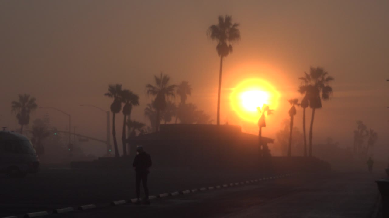 A lone silhouetted walker remains on the quiet Huntington Beach road as the orange sun glows behind palm trunks and the roofline of a dark structure.