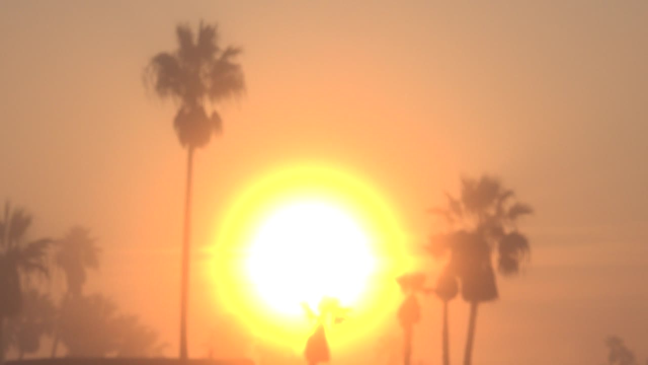A large overexposed sun sits low behind silhouetted palm trees in Huntington Beach, California, with orange haze across the sky and no visible people.