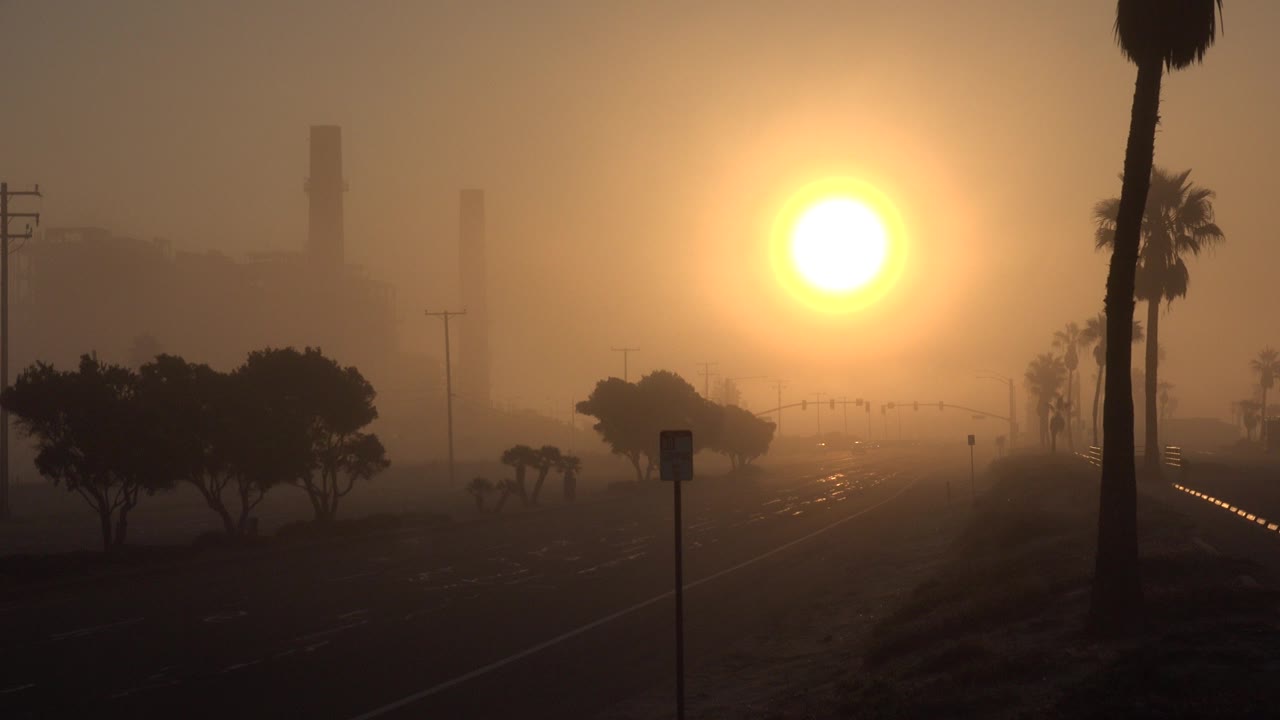 Large orange sun over a hazy road with palm silhouettes.