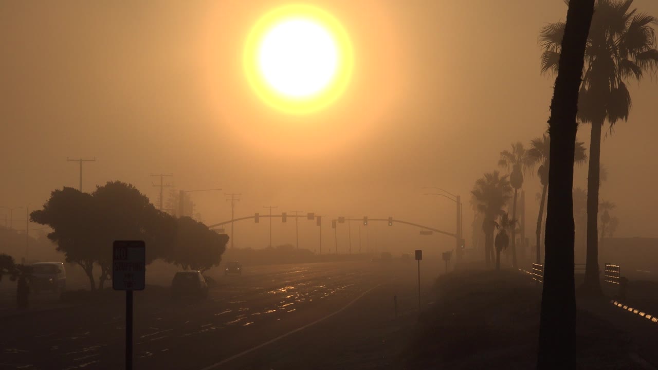 Opening frame of a Huntington Beach street under a large orange sun, with palm trunks at right, cars on the road, distant traffic lights, and small distant people visible.