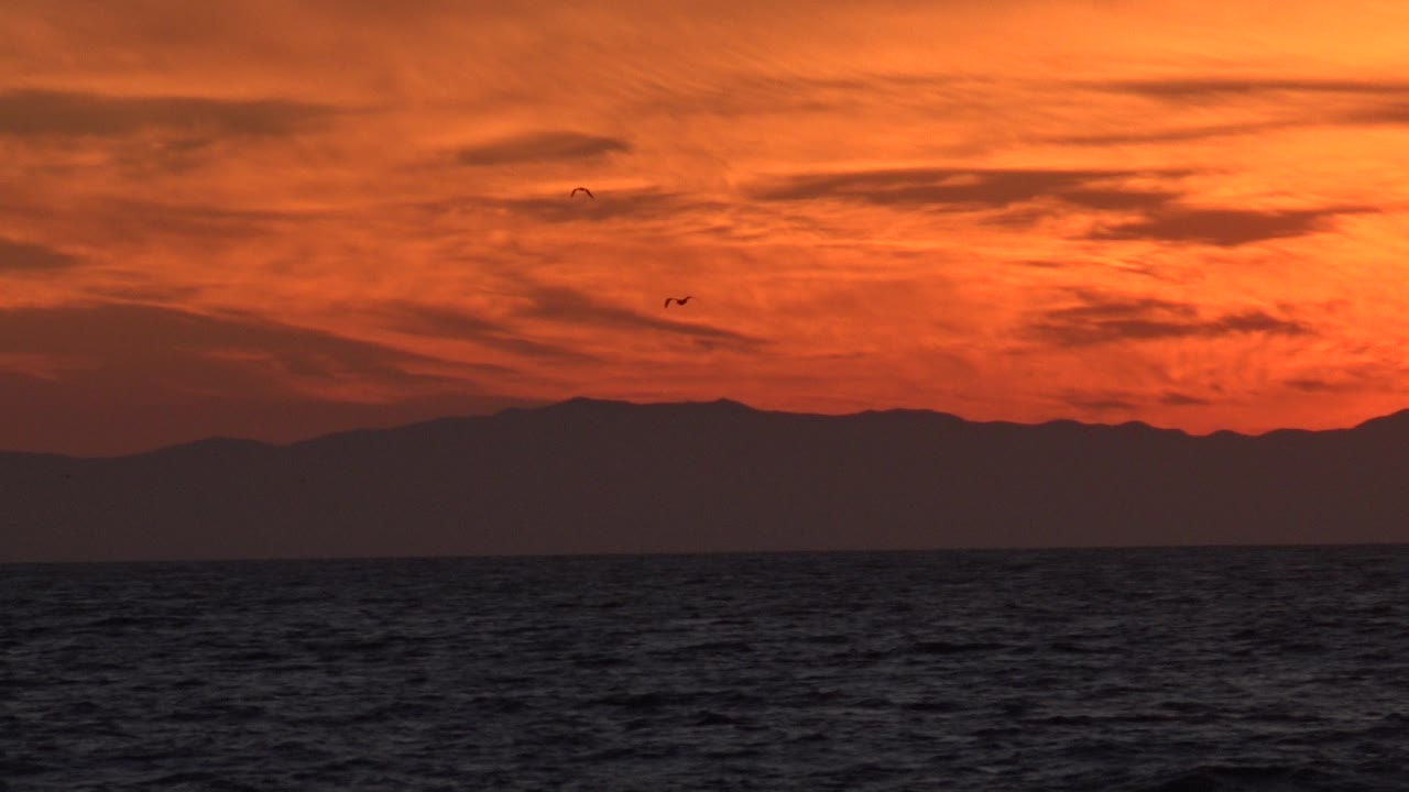 Dark ocean beneath a red-orange sky with distant mountains and birds.
