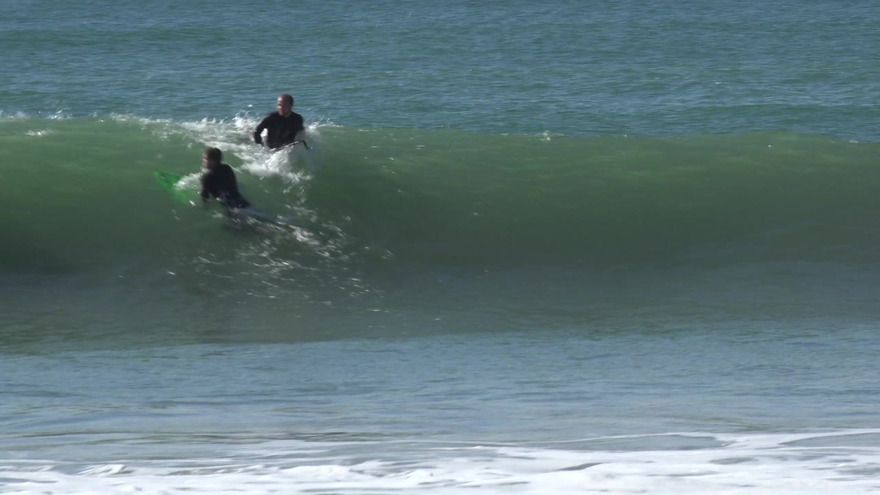 Surfers in the ocean as a green wave rises near shore.