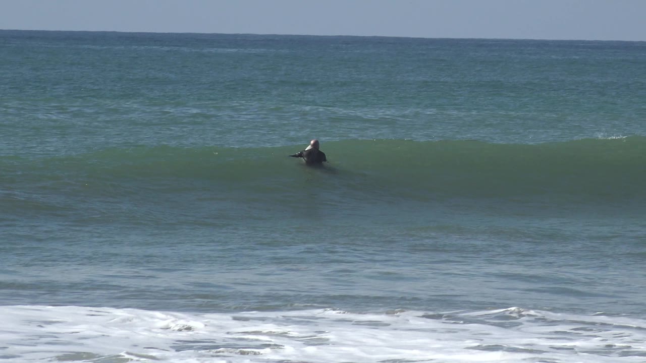 At Huntington Beach, the wave face rises in the midground and partly obscures a distant surfer near the left side of the water.