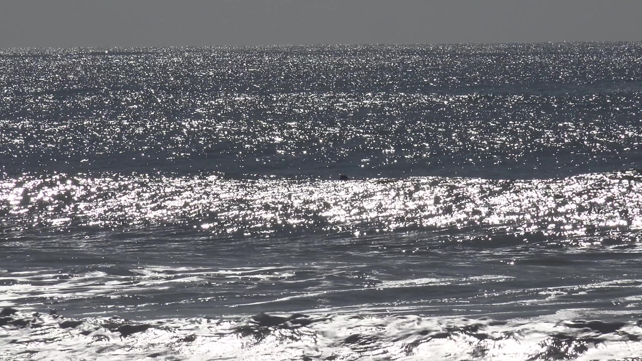 Long band of sparkling ocean above breaking surf.