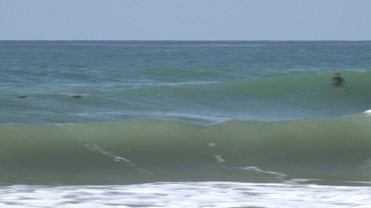 Rolling green wave with a distant surfer near the crest.