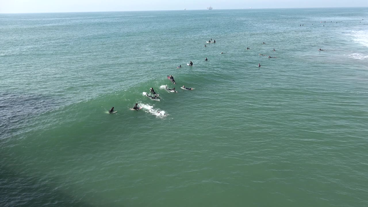 Several surfers paddle as foam starts on a small wave