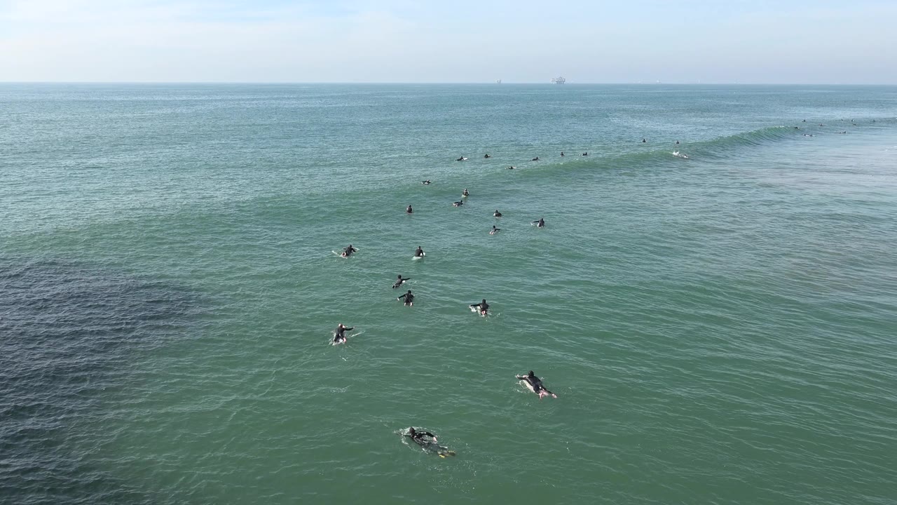 Surfers paddling in green-blue water with a small wave beginning to rise.