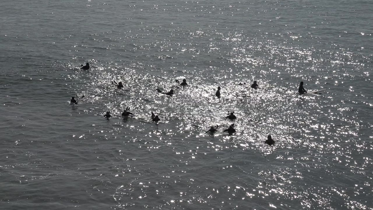 Distant swimmers are scattered across bright, reflective ocean water at Huntington Beach, California, near the start of the clip.