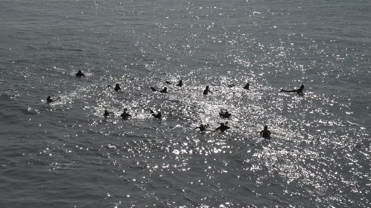 Beachgoers swimming across bright ocean glare.
