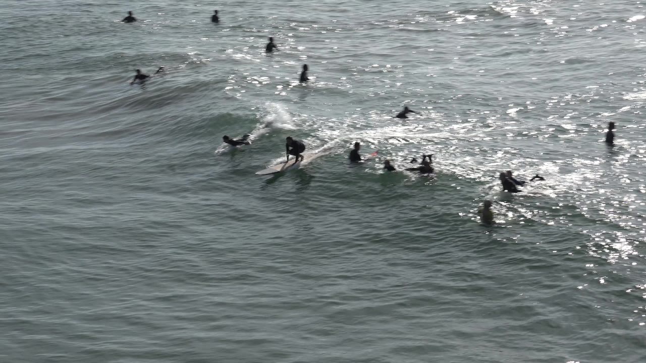 Surfer standing on a board near other swimmers.