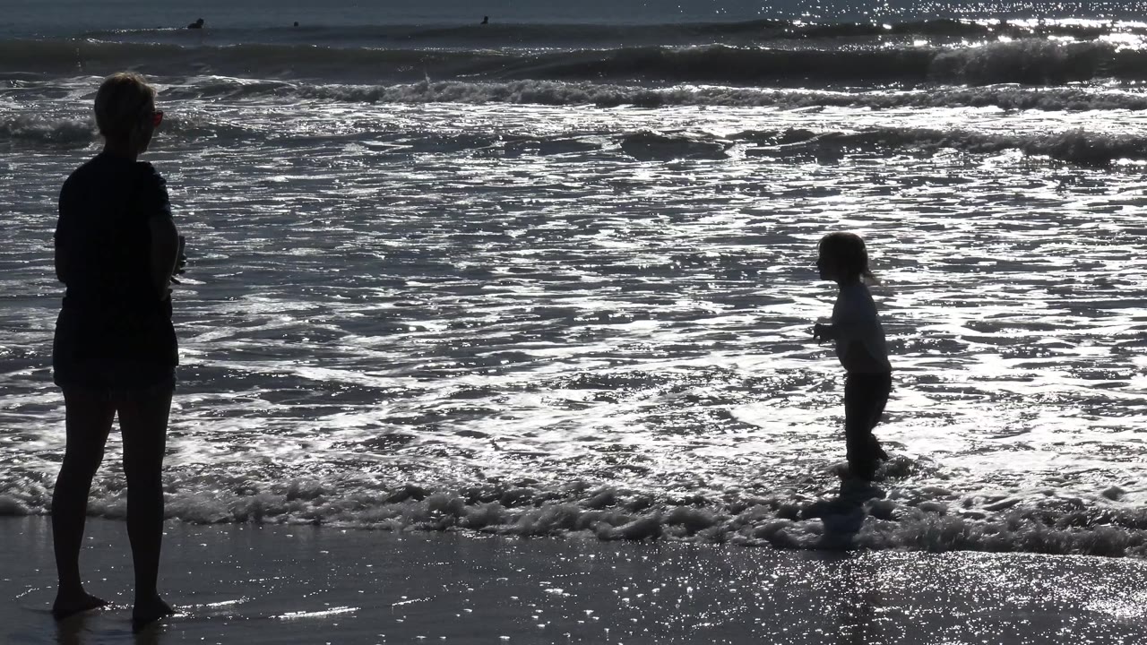 Adult at left and child standing in shallow water beside the surf.