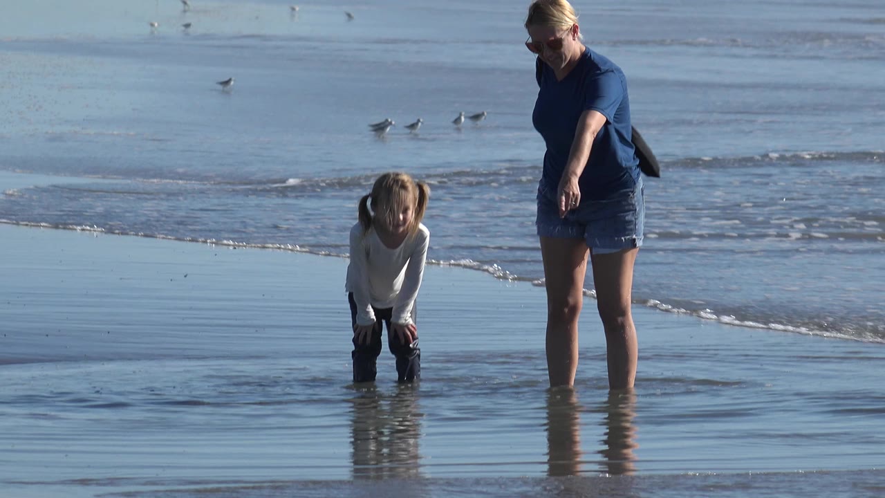 Woman points beside a child standing in shallow beach water.