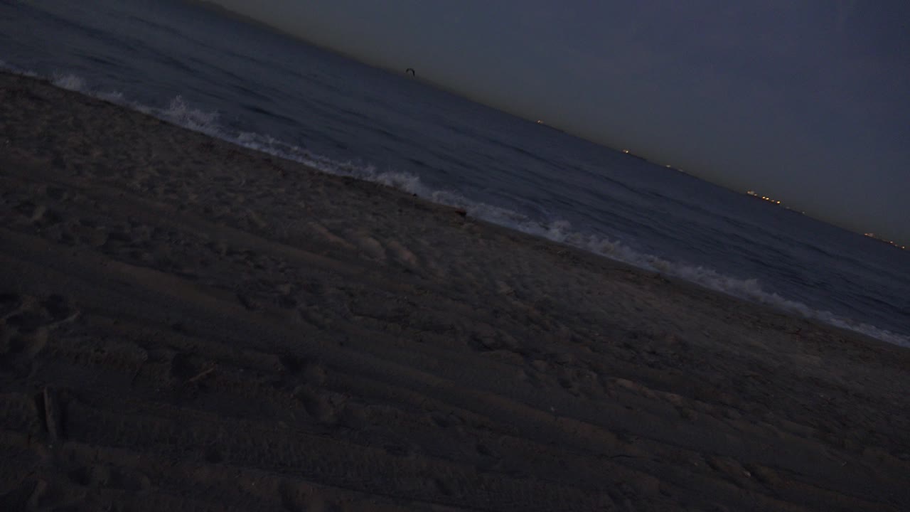 At 0:01, the diagonal Huntington Beach shoreline remains dark, with wet sand texture in the foreground and small waves running across the frame, with no visible people.
