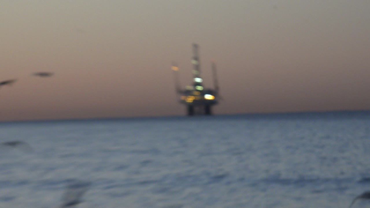 Soft-focus opening frame of Huntington Beach at sunset, with birds crossing the ocean horizon, distant offshore lights, and no visible people.