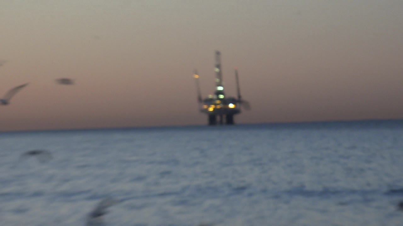 A second soft-focus Huntington Beach sunset frame shows birds moving across the ocean and a lit offshore structure near the horizon, with no visible people.
