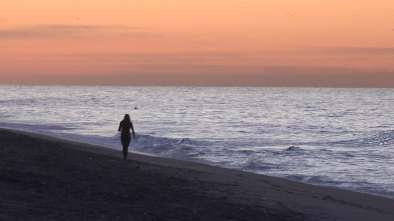 Woman silhouette walking near the surf with a small wave curling offshore.