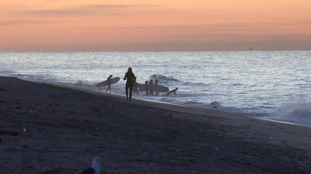 Surfers walking toward the shoreline at sunset