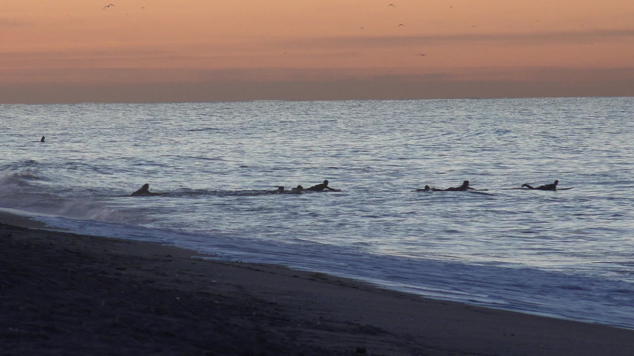 Several surfers remain distant in the Huntington Beach water as a small wave lifts near the shoreline beneath a peach and blue evening sky.