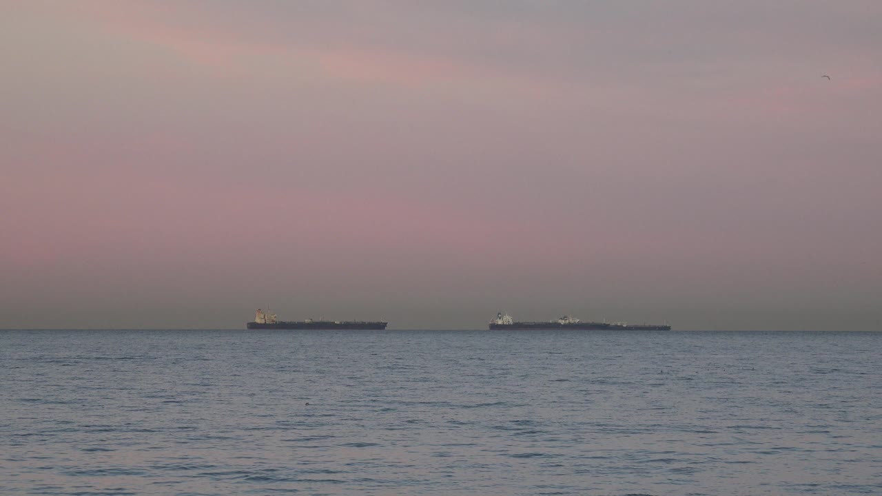 The second frame holds the Huntington Beach ocean horizon with two large ships far out at sea and soft overcast color, with no visible people.