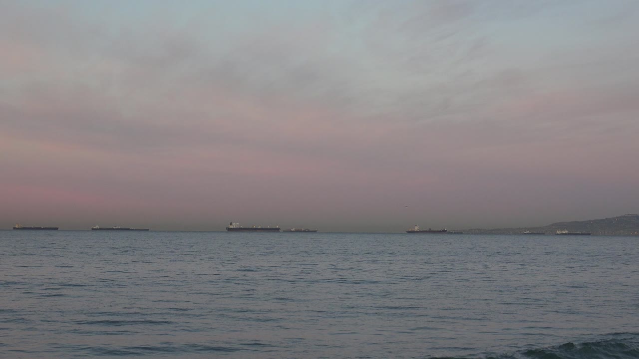 Calm ocean horizon with distant ships under a pink evening sky.