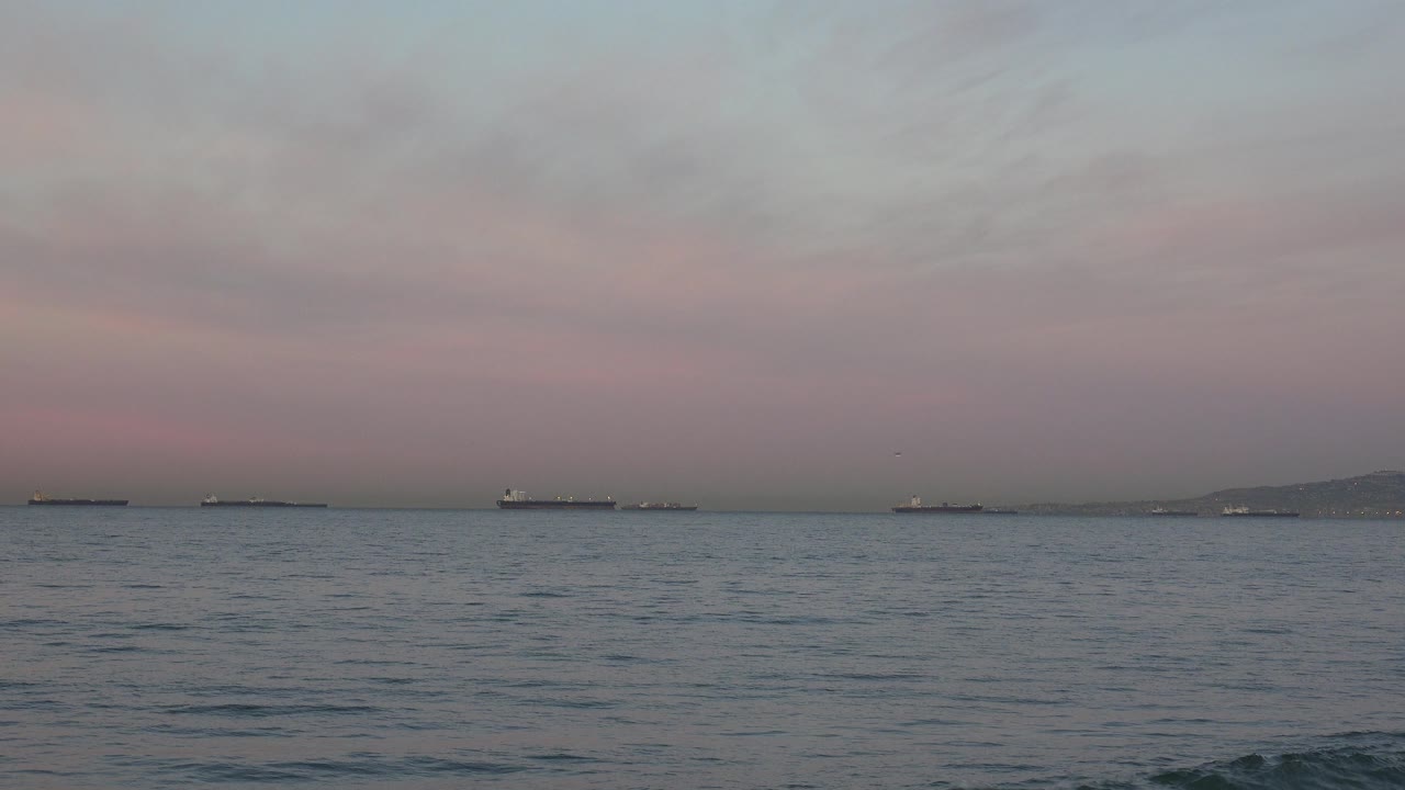 Huntington Beach water fills the foreground as small ripples lead to a horizon lined with cargo ships and a soft rosy band of sky, with no visible people.