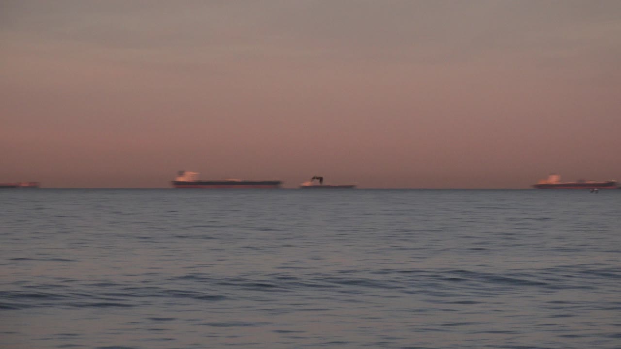 At 0:01 in Huntington Beach, a small bird appears high over the water while distant ships line the low sunset horizon and no visible people are present.