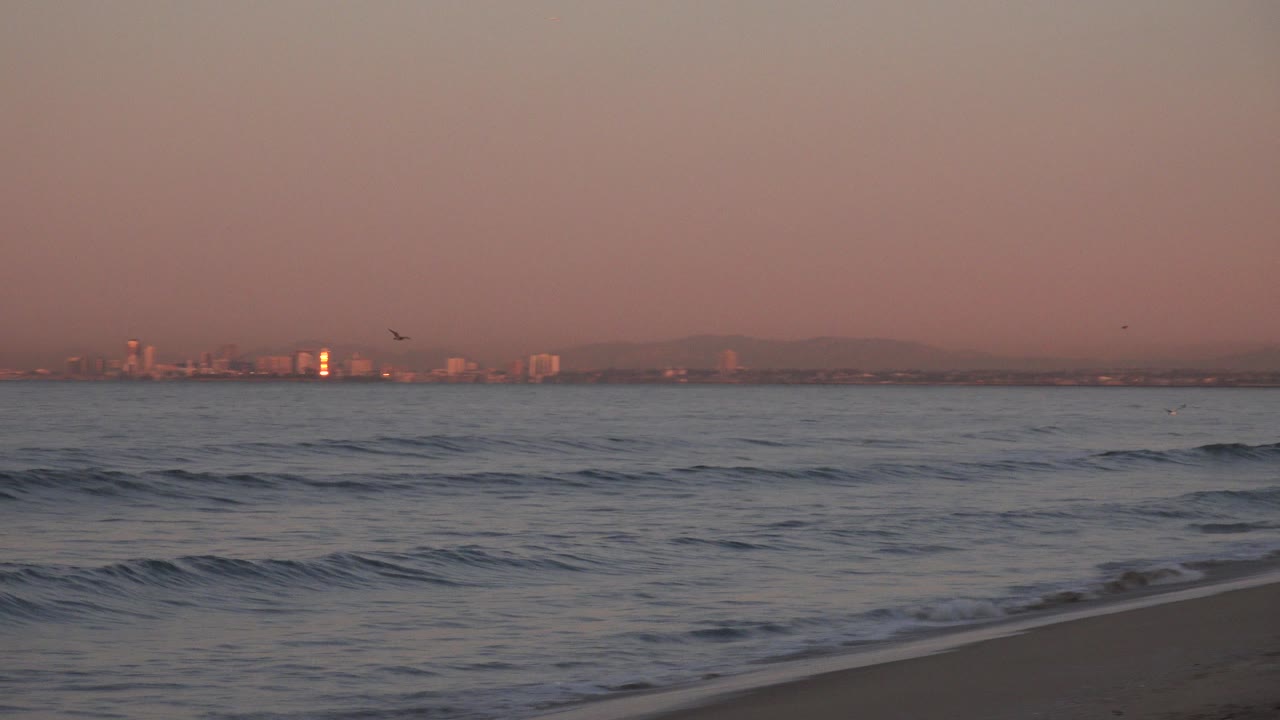 A small bird flies above low ocean waves at Huntington Beach, California, with pink sunset sky and no visible people.
