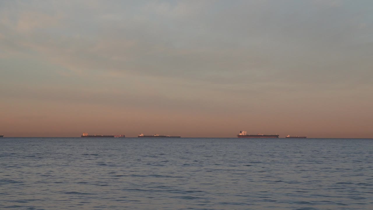 Distant cargo ships under a soft evening sky.
