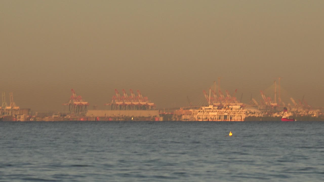 Huntington Beach, California waterfront frame with darker ripples across the foreground, port cranes on the horizon, container vessels in haze, and no visible people.