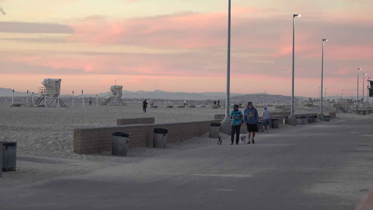Two adults and a small dog on a beach path at sunset.