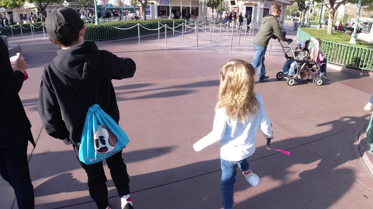 The two children remain centered from behind at Disneyland California, with queue railings, green hedges, trees, and a stroller group visible ahead in bright sunlight.