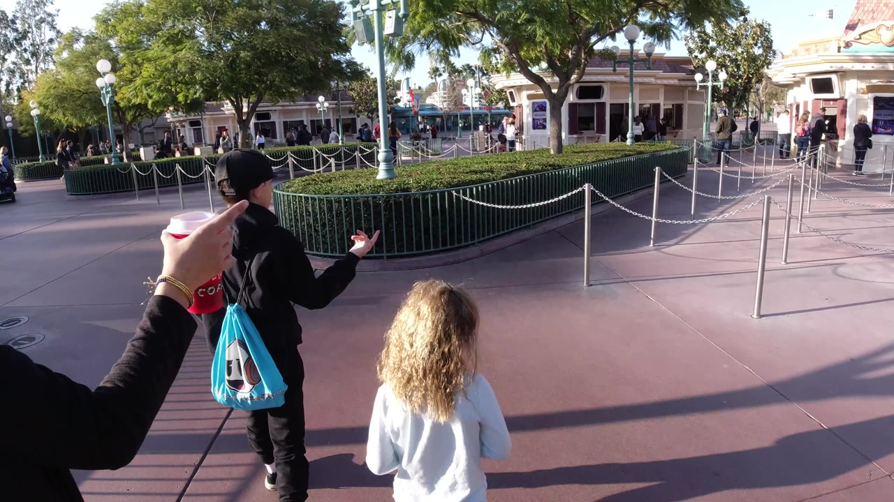 Family viewed from behind beside a hedge planter and rope queue lanes.