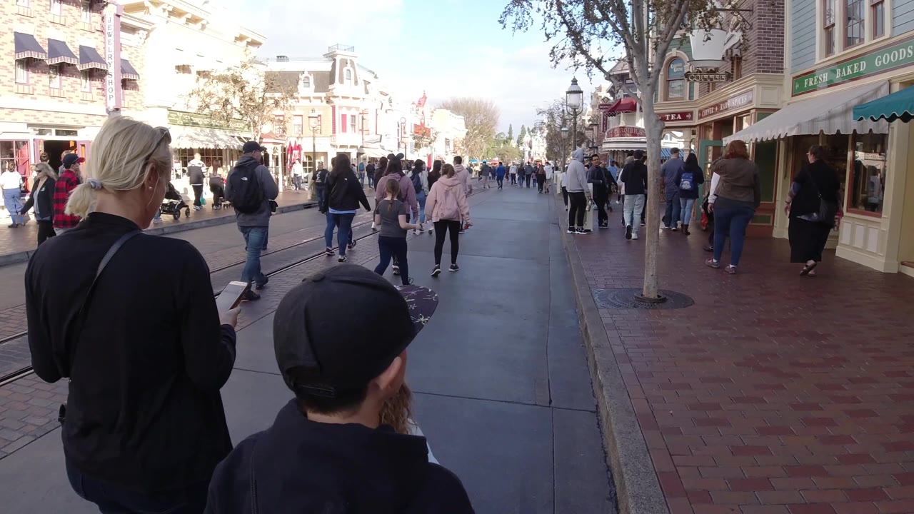 Family seen from behind on a bright pedestrian street.