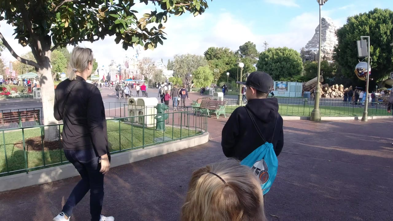 At Disneyland California, an adult in black and children walk away from the camera on a paved path with green railings, trees overhead, benches, and distant visitors ahead.
