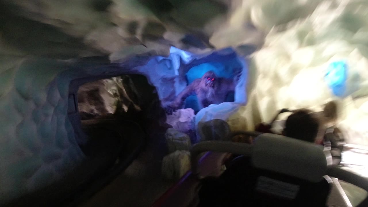 At Disneyland California, a roller coaster car moves through a dark sculpted tunnel with blue accent light, seat backs in the foreground, and riders visible ahead.