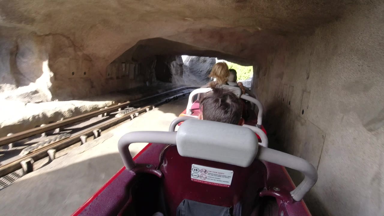 Back of a coaster car heading toward a tunnel opening