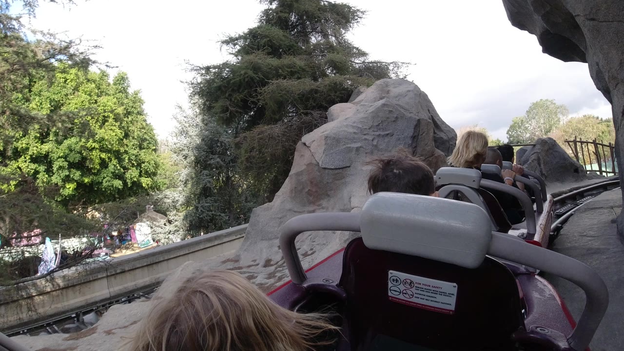 A Disneyland California roller coaster POV shows seat backs, riders ahead, gray rockwork, trees, and a child partly visible at the bottom edge.