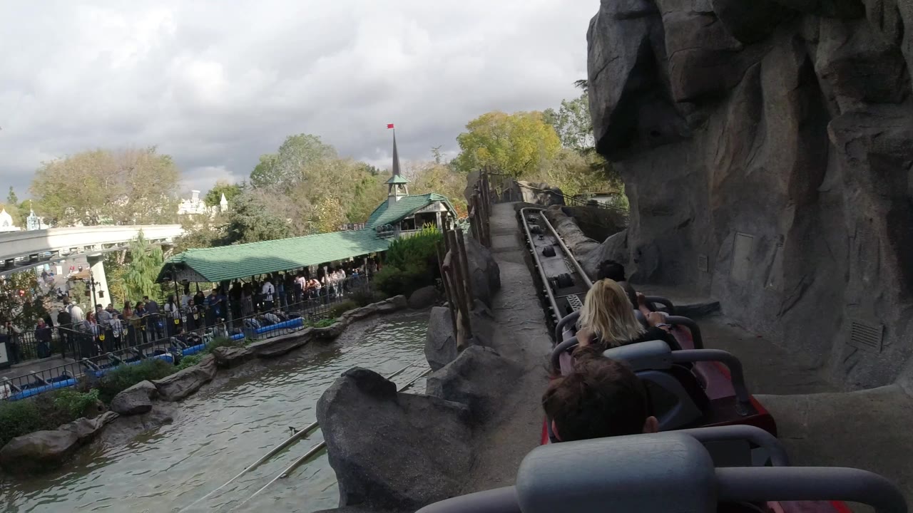 Roller coaster track rises beside water and park guests.