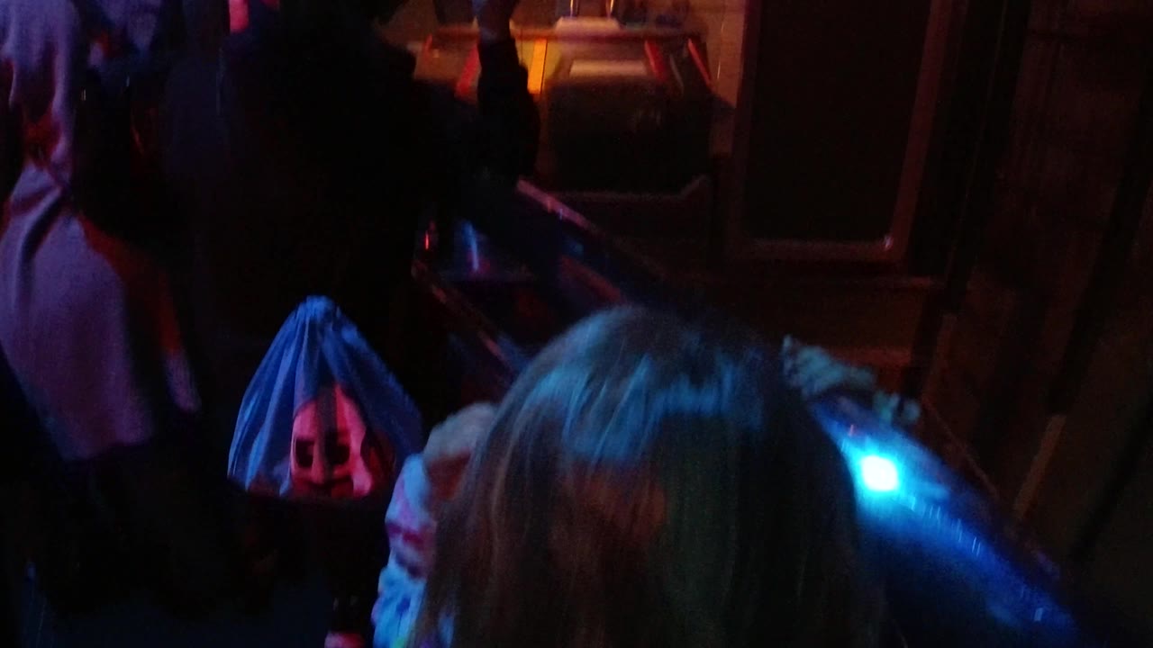 At Disneyland California, a child with light hair fills the foreground while guests wait ahead and a hanging bag with a skull graphic catches red and blue light in the queue.