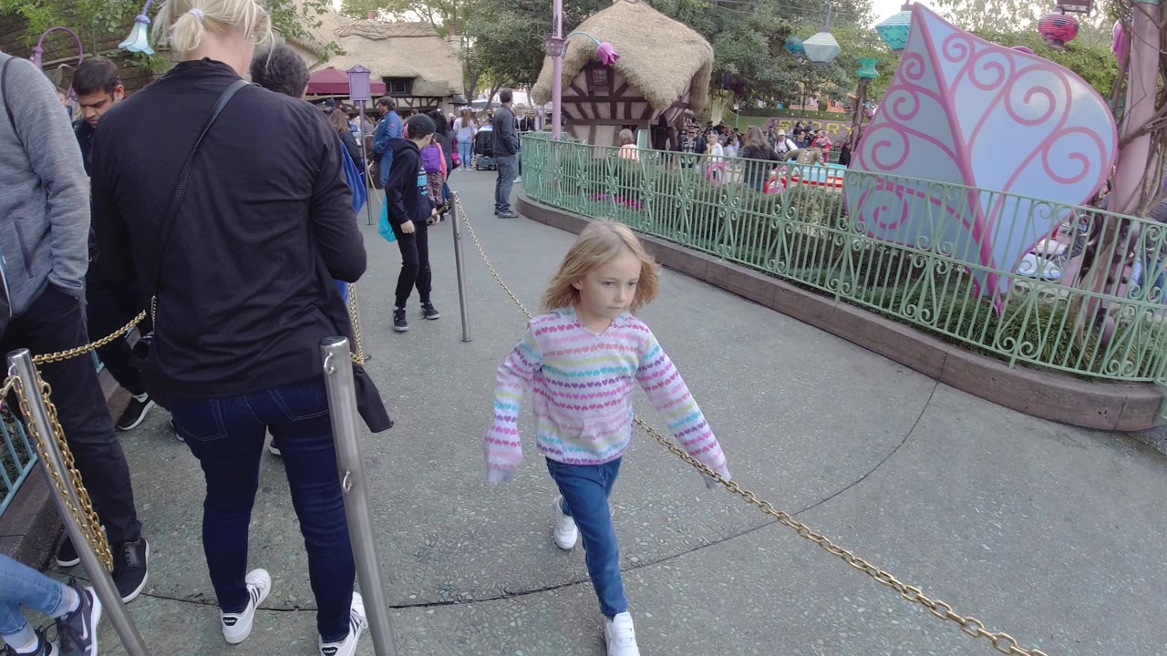At Disneyland California, the girl walks farther into the frame near the chain line, with green queue fencing, themed decor, and a crowd visible across the background.