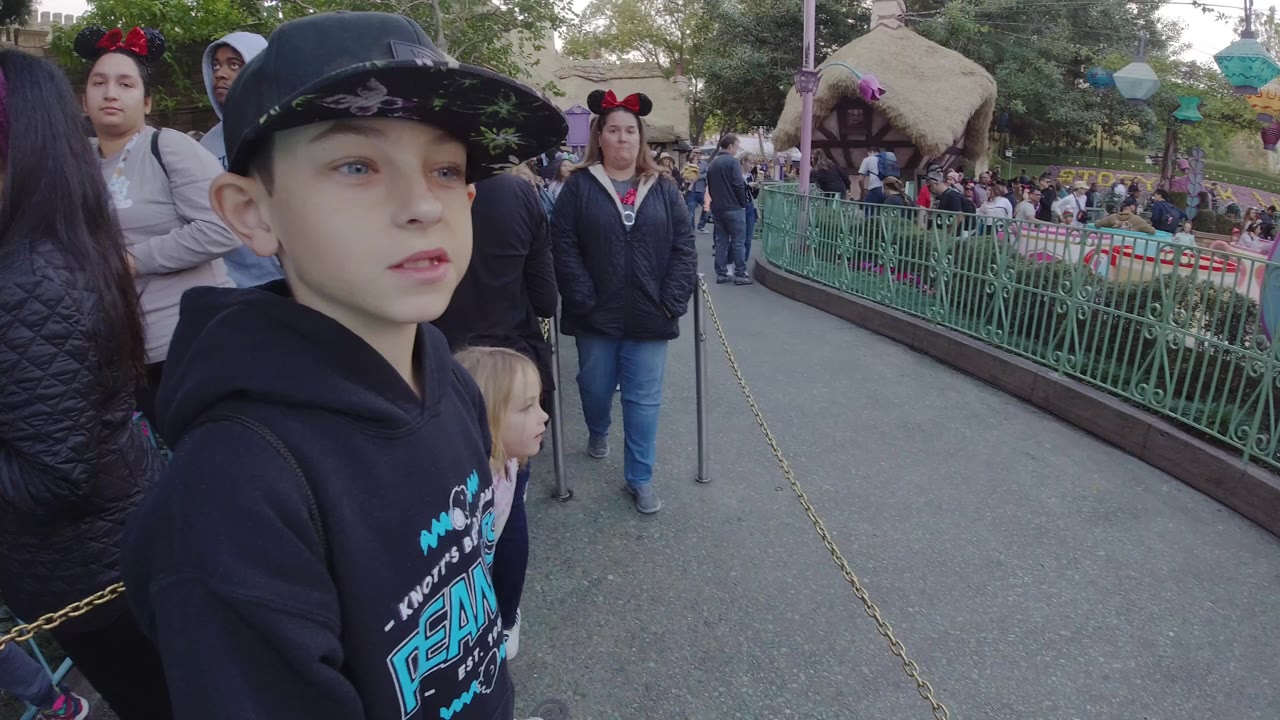 A boy in a black cap and black hoodie stands close to camera at Disneyland California, with adults, children, green queue railings, trees, and themed park structures behind him.