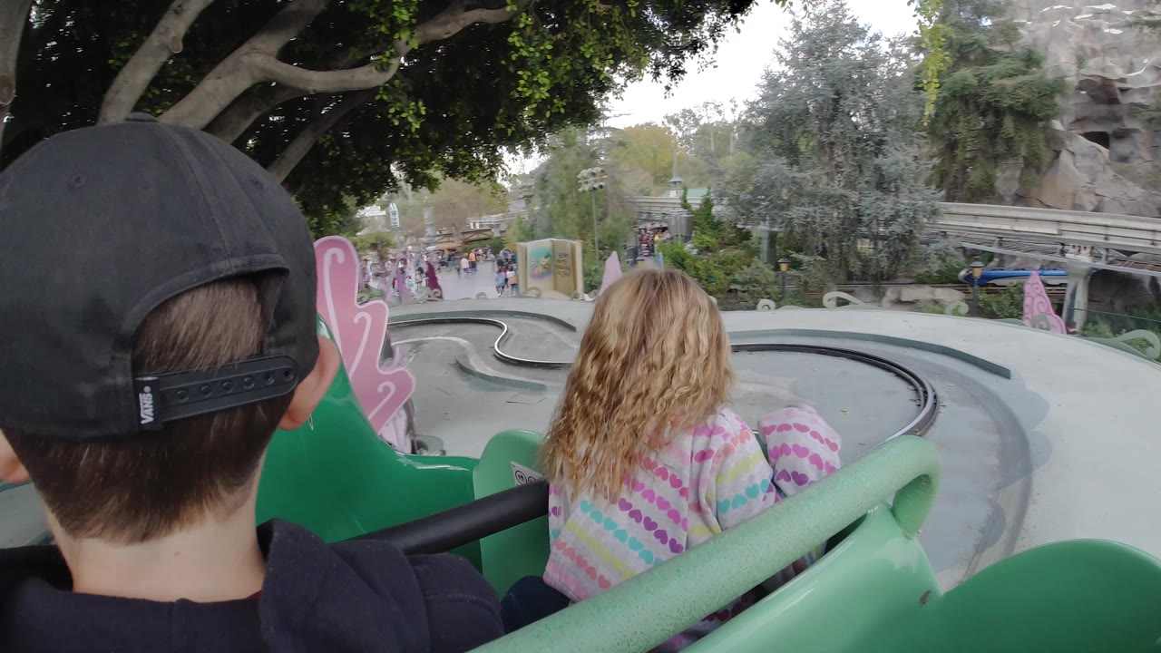 At Disneyland California, the boy's black cap fills more of the foreground while the child ahead and the green car frame the visible track and themed outdoor setting.