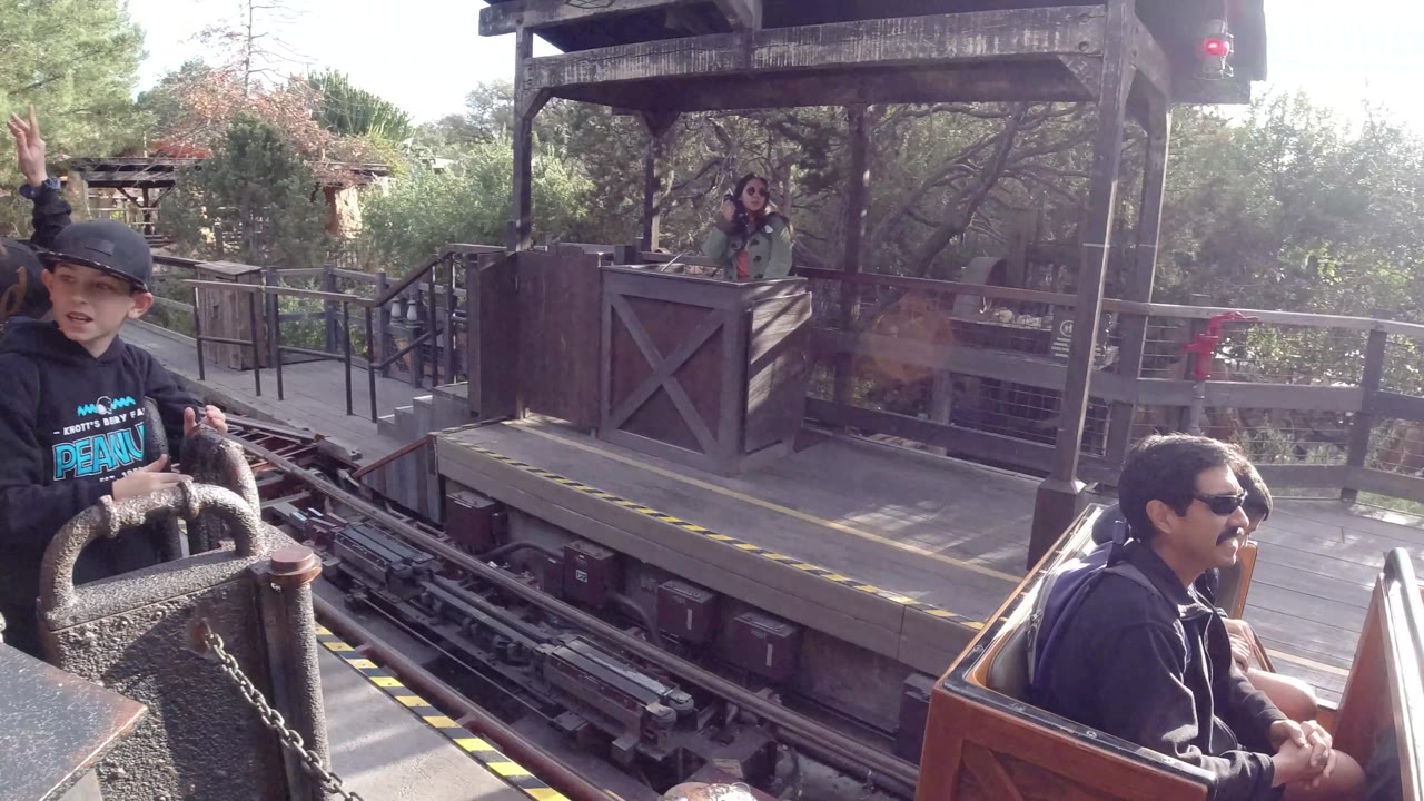 Roller coaster cars pass the station platform with railings and trees behind.