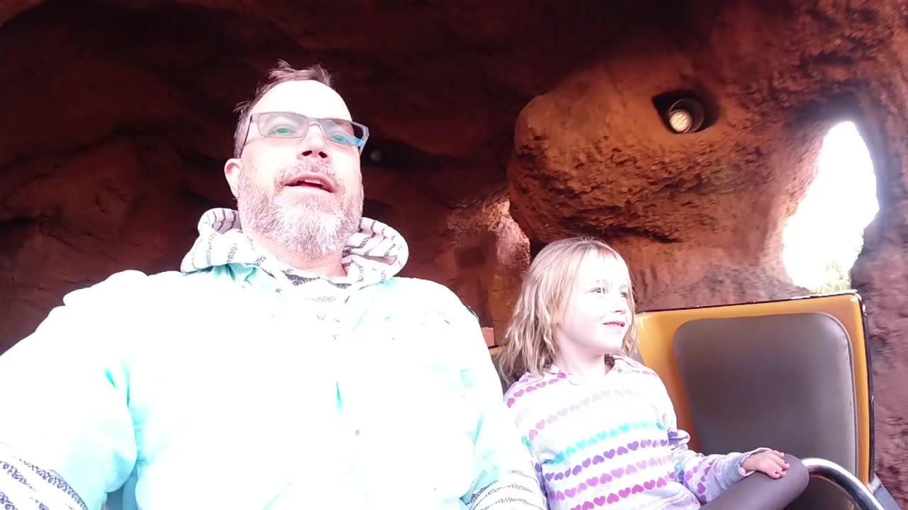 At Disneyland California, a man in glasses and a young child sit side by side on a roller coaster car under reddish rockwork with bright daylight at the edge of frame.