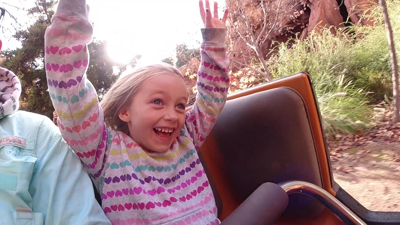 At Disneyland California, the girl laughs with arms high as the ride passes reddish rock landscaping and green shrubs in bright sun.