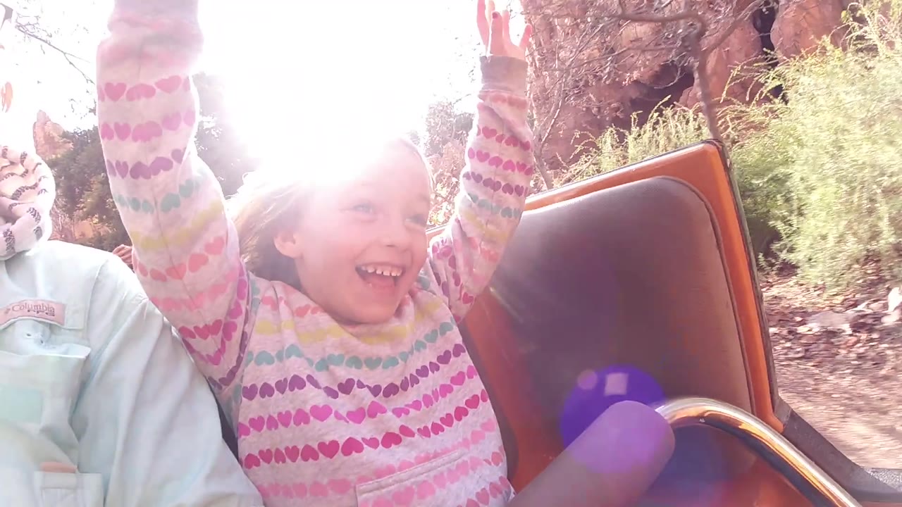 Backlit child smiling with arms up in ride vehicle.